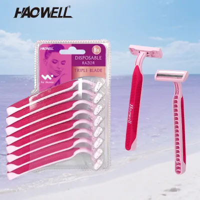 Haowell 3 Blade razor Economic Women razor of Stainless Steel with Lubricant and Rubber Handle Wholesale Prices Retail Wholesale