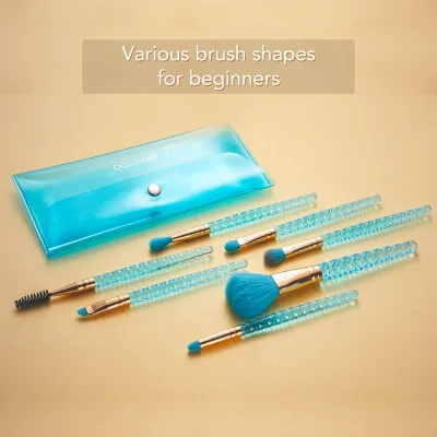 Ice Blue Diamond Handle Makeup Brush Set - 7pcs Professional Synthetic Bristles - Non-slip Grip Face & Eye Tools with Pouch