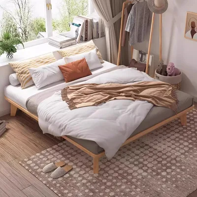 Nordic Style Modern Double Bed European Soft Style Simple Tatami Bed Wood and Fabric Small Bedroom, Family or Hotel Use