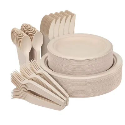 Eco-Friendly Disposable Dinnerware Set Compostable Paper Plates Extra Long Utensils Biodegradable