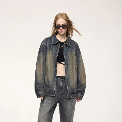 Unisex Designer Denim Jacket Zipper Double Layer Y2K Drop Shoulder Waxed Loose Fit High Street Style Washed for Spring