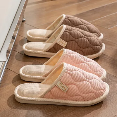 2024 Wholesale Comfortable Cotton Linen PVC Indoor for Slippers Fluffy Furry Anti-Slippery for Couples Men Women for Winter Seas