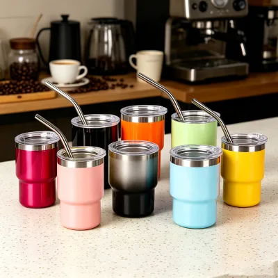 RTS 108pcs/ctn USA Warehouse Stocked Mini 3oz Shotglass Tumbler Cup Shot Stainless Steel Beer Mug with Metal Straw 12 Colors Mix