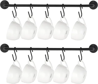 Modern Double Tier Metal Mug Rack Wall Mounted Black Coffee Cup Hanger with 10 Mug Hooks for Kitchen