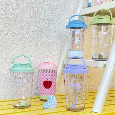 710ml Tritan Water Tumbler with Retractable Straw Printed Drinks Cup with Wide-Mouth Boba-Ready Lid for Bubble Tea & Iced Coffee