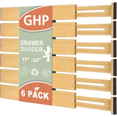 OEM 6-Pack Bamboo Drawer Dividers Organizer Expandable 17-22'' Wooden Separators for Kitchen Utensils Clothes Bathroom Office