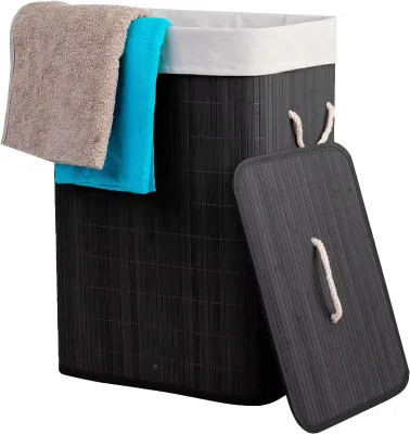 Custom Black Collapsible Bamboo Laundry Baskets Foldable Kid Toy Storage Hamper Basket for Laundry Room