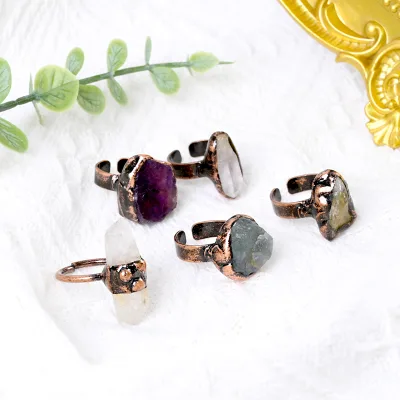 Handmade Natural Stone Amethyst Adjustable Electroformed Ring Healing Crystal Finger Rings Antique Fashion Jewelry