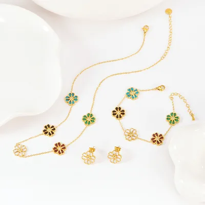Colorful White Pearl Heart Four-Leaf Clover Single Diamond Eight-Petal Star Necklace, Earrings and Bracelet Set for Women
