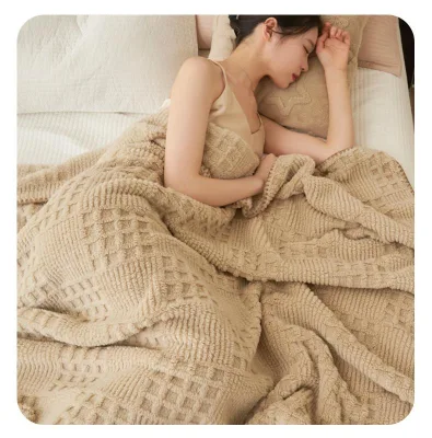 Solid Pattern Waffle Milk Fleece Throw Blanket Modern Knitted Style Soft Wearable for Winter Home Use Coral Fleece Blankets