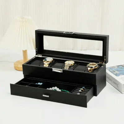 Custom Logo Storage Box Tonneau Double Layer Watch Wood Leather Multifunctional Jewelry Display Case with Drawer Gift for Men