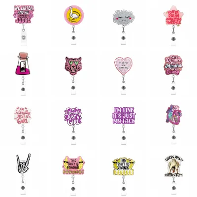 Custom Badge Reel Glitter Acrylic Retractable ID Holder with Belt Clip and Keychain