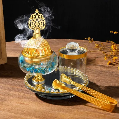 Holy Flight Cross-border Exclusive Golden Incense Burner Middle Eastern Arabic Style Glass Holder Inlaying Design for Living