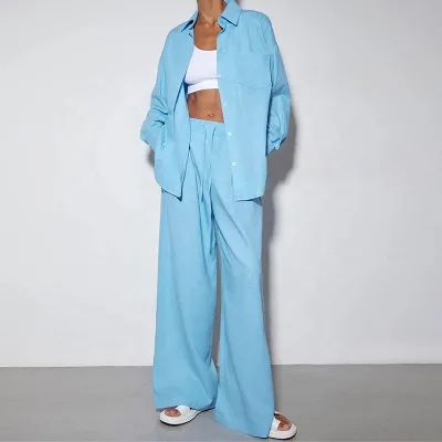 New Product Cotton Linen Fabric Women Set Summer Autumn Loungewear Suits Long Sleeve Shirt and Wide-leg Pants Sets