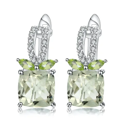 Abiding Wholesale Prasiolite Natural Green Amethyst Big Gemstone Women 925 Sterling Silver Charm Earrings Jewelry