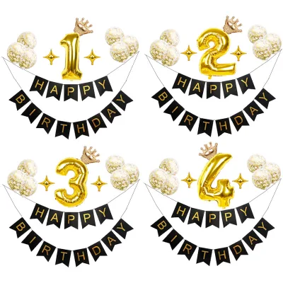 1Set Black Happy Birthday Banner Confetti Balloon Gold Crown Foil Balloons Baby Shower Kids Birthday Party Decoration Gift