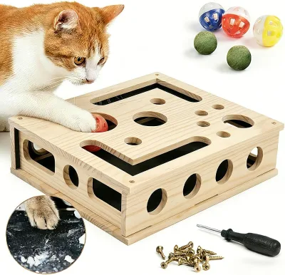 Interactive Box Puzzle Toy Nail File Scratcher Cat Play Toy Wooden Puzzle Treat Toy Box