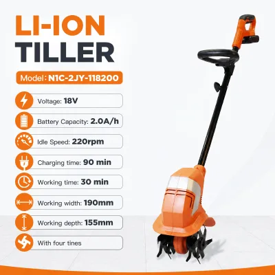 18V Cordless Tiller Cultivator OEM 7.5" Width 6.1" Depth 2.0Ah Battery for Raised Beds & Small Gardens