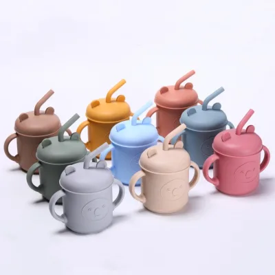 Cute Silicone Straw Cup for Infants Anti-Fall Water Cup with Dust-Proof Binaural Training Learning to Drink for Children