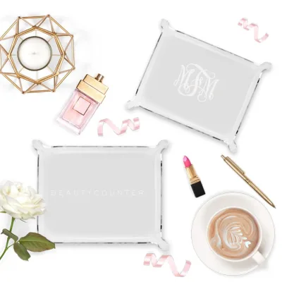 Custom Monogram Engraved Clear Acrylic Vanity Tray | Lucite Rectangle Decorative Cosmetic Tray With Raised Corner Handles