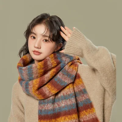 2025 Women's High-End Winter Scarf Warm Korean Style Plaid Norwegian Striped Print Made Durable Polyester for Autumn Winter Wear