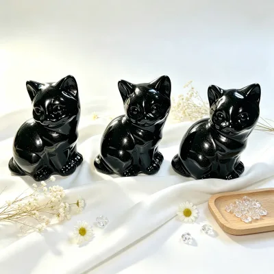 Wholesale Natural Black Obsidian Sitting Cat Stones Carvings and Sculptures for Home Ornament Gifts