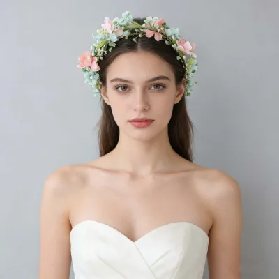 Bohemian Pastel Flower Crown with Pearl Branch Bridal Wedding Hair Wreath for Women, Handmade Floral Headband for Bridesmaid