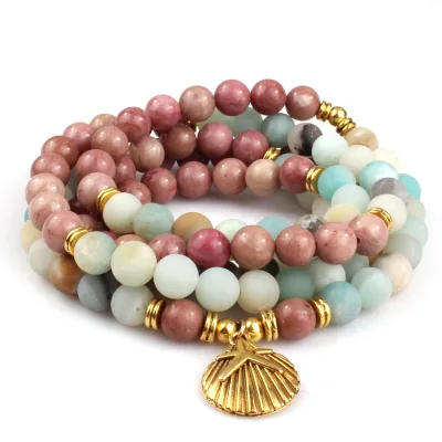 Customizable Charm Mala Beads Necklace Amazonite&Rhodochroite Yoga Jewelry Multi Layer Wrapped Bracelet