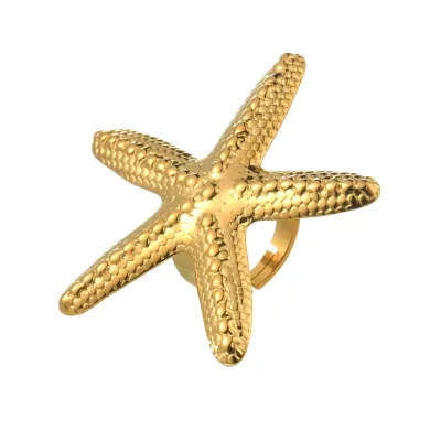 Vintage Shell Starfish Rings for Women Men Stainless Steel Gold Plated Adjustable Beach Ocean Ring OEM Jewelry