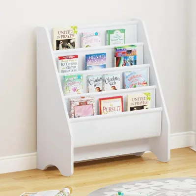 4 Tier Sling Toddler Bookshelf White Wooden Canvas Book Storage Shelf Bookshelves Kids Book Rack Shelf for Toddler