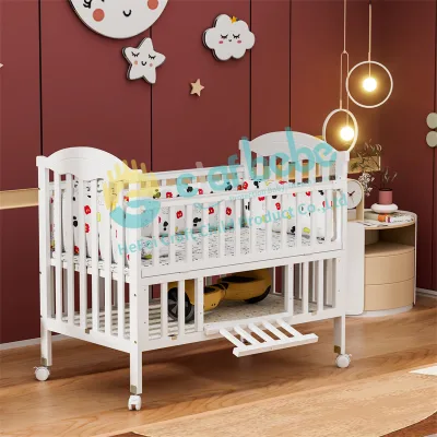 White Solid Wood Baby Cribs with Roller Multifunctional Baby Cot with Storage and Inner Cradle