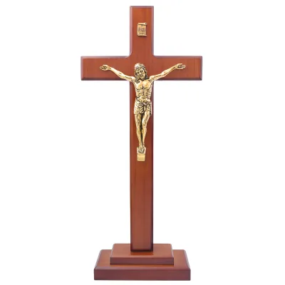 Antique 13.4 Inch Wooden Crucifix Cross with Jesus Christ Custom Catholic Gift Die Cut Zinc Model Casting Technique