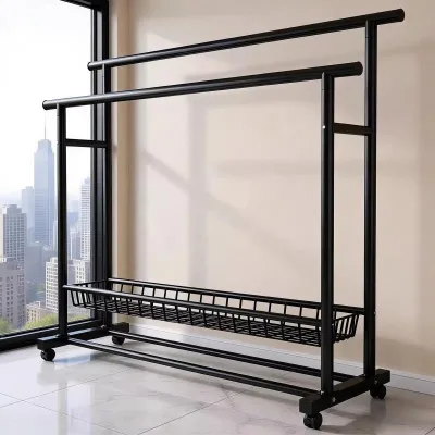 Thickened Carbon Steel Double Rod Movable Floor-Hanging Clothes Rack Wheels Minimalist Style for Bedroom Living Room Storage