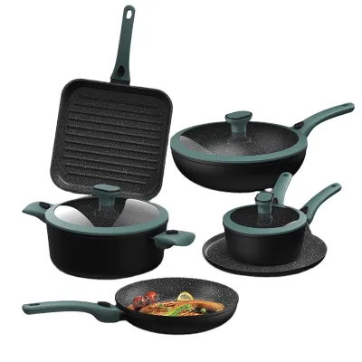 9pcs Forged Non-stick Cookware Set Cooking Pots Kitchen Use with Detachable Handle