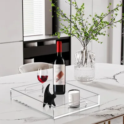 Lucite Clear Acrylic Serving Tray with Clear Handles Rectangle Food Fruit Table Tray for Home Hotel Luxury Decorative Tray