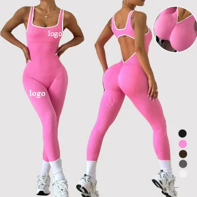 Ribbed V Neck Hollow Out Fitness Jumpsuit Women Contrast Binding Sleeveless One Piece Yoga Bodysuit Scruch Butt Yoga Jumpsuit