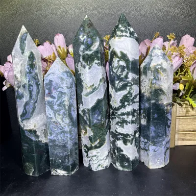 New Stock Natural Crystal Wand Healing Quartz Energy Tower Moss Agate Large Tower for Sale