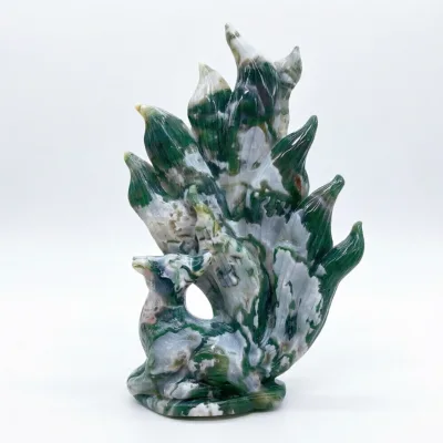 Wholesale Natural Crystal Nine Tailed Fox Carving Ornament Moss Agate Hand Carved Statue for Home Decoration Healing Craft