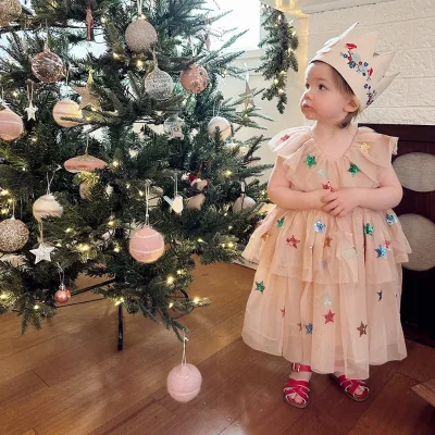 Autumn and Winter Three-dimensional Mesh Sequins Sleeveless Dress with Bustle Skirt Beaded Bustle Skirt Children's Bustle Skirt