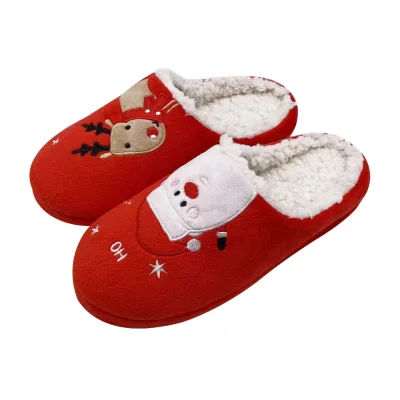 Christmas Winter Slippers Women Shoes Warm Lightweight Flat Indoor Home Mule Slippers Non-Slip Short Fur Cotton Slippers