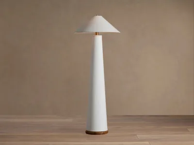 Modern Style Floor Lamp with a Brass and Linen-white Conical Base for Minimalist Living Room Decor and As an Indoor Night Light