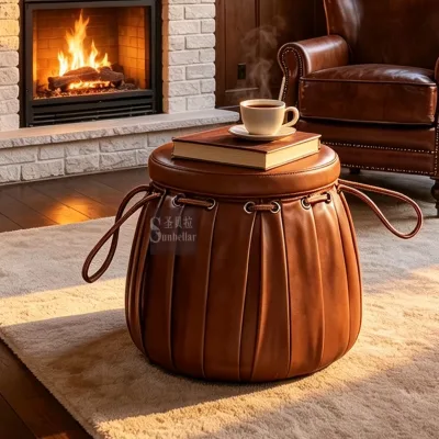Vintage Drawstring Bucket Style Round Ottoman Stool Genuine Leather Upholstered Footrest Accent for Villa Boutique Living Room
