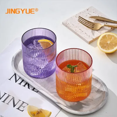Premium Stripes Glass Cups 300ml Unique Hand Made Colored Glass Drinking Drinkware for Kitchen Water Juice Wine Milk Iced Coffee