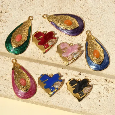 FFSCM-19 Enamel Pendant for Necklace Gold Plated Stainless Steel Heart Keychain Pendant Middle East Styles Drop Charms