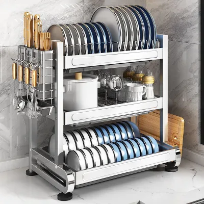 OEM Extra Big 304 Stainless Steel Kitchen Dish Drainer for Plates Cutlery Knives Chopping Boards with Drainboard