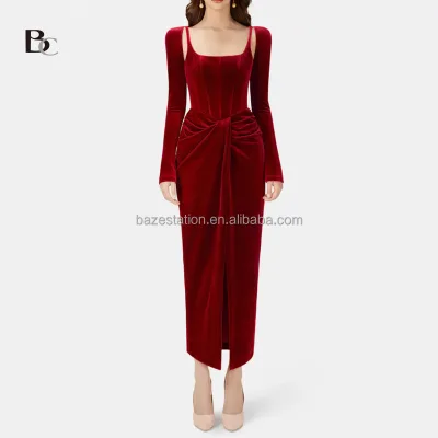 Custom OEM/ODM Factory Wholesale Bodycon Evening Luxury Velvet Corset Midi Dress Hollow-Out Spliced Long Sleeve Pleated Details