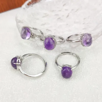 New Design Silver Plated Oval Cut Crystal Healing Natural Amethyst Women Engagement Ring Zircon Paved Purple Quartz Rings