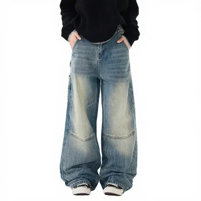 Custom Logo Boot Cut Loose Baggy Jeans Oversized Distressed Denim Carpenter Pants Streetwear Team Uniform Embossed Wholesale