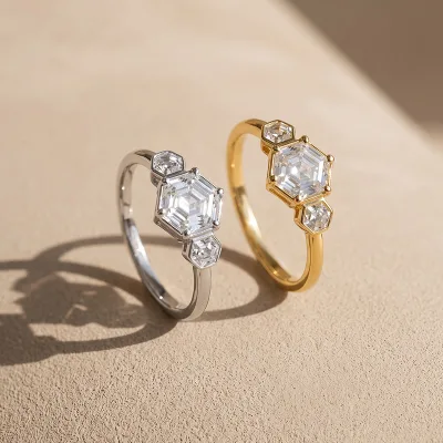 Brass Three Hexagon Cut Zircon Vintage Engagement Ring for Women Bridal Fine Jewelry
