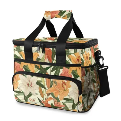 High Quality 15L Custom Lily Flowers Insulated Thermal Food Delivery Picnic Camping Lunch Bag Cooler Bag